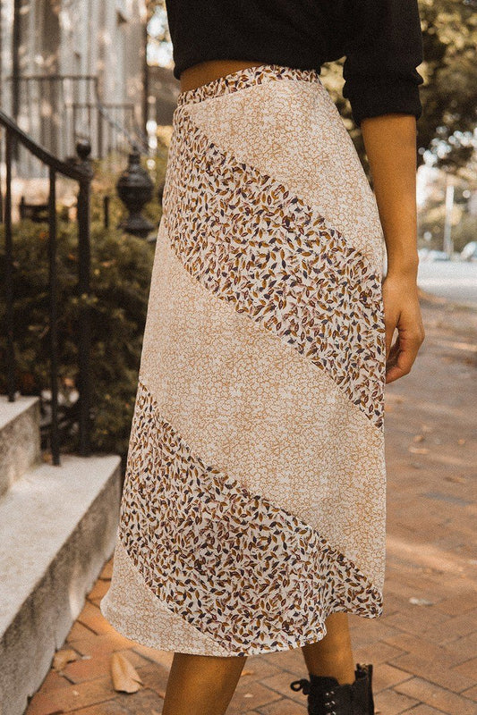 Taupe Floral Print Midi Skirt - Elegant A-Line Silhouette with Color-Blocked Design - Shopping Therapy, LLC