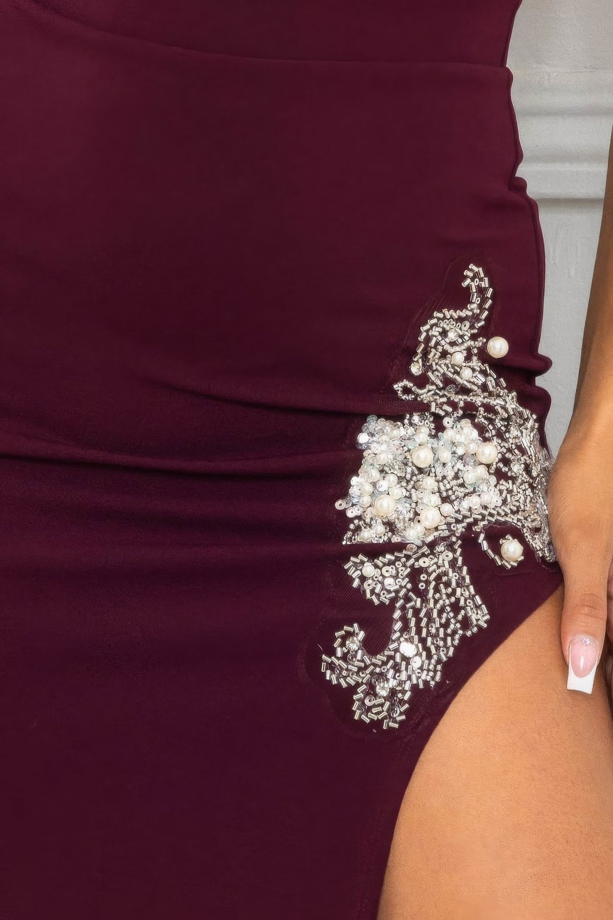 Maroon Beaded Embroidered Maxi Dress with Side Slit Detail - Shopping Therapy, LLC Dress