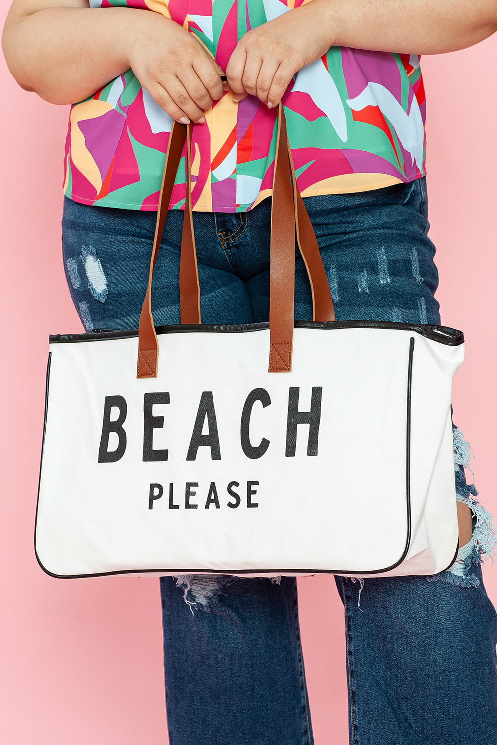 White BEACH PLEASE Print Large Canvas Tote Bag - Shopping Therapy, LLC Shoes & Bags/Handbags