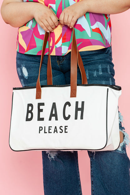 White BEACH PLEASE Print Large Canvas Tote Bag - Shopping Therapy, LLC Shoes & Bags/Handbags