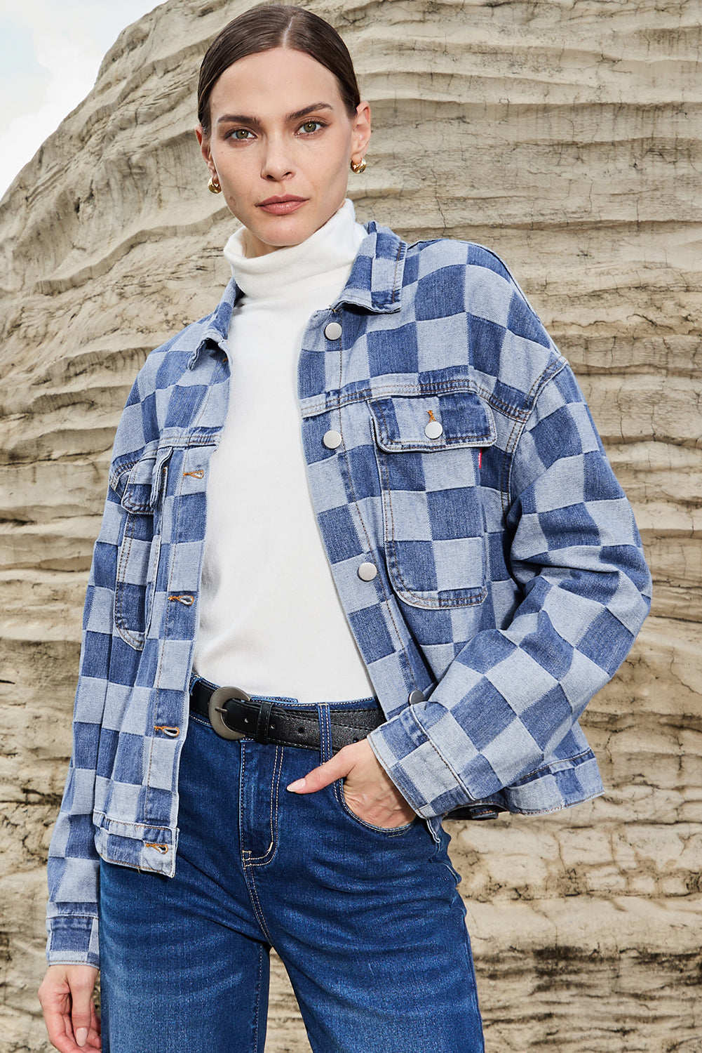 Light Blue Checkered Patchwork Button-Up Denim Jacket for Women - Shopping Therapy, LLC Outerwear/Denim jackets