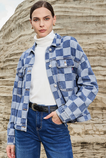 Light Blue Checkered Patchwork Button-Up Denim Jacket for Women - Shopping Therapy, LLC Outerwear/Denim jackets