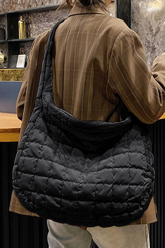 Large Black Quilted Zipper Shoulder Bag – Elegant and Spacious - Shopping Therapy, LLC Shoulder Bags