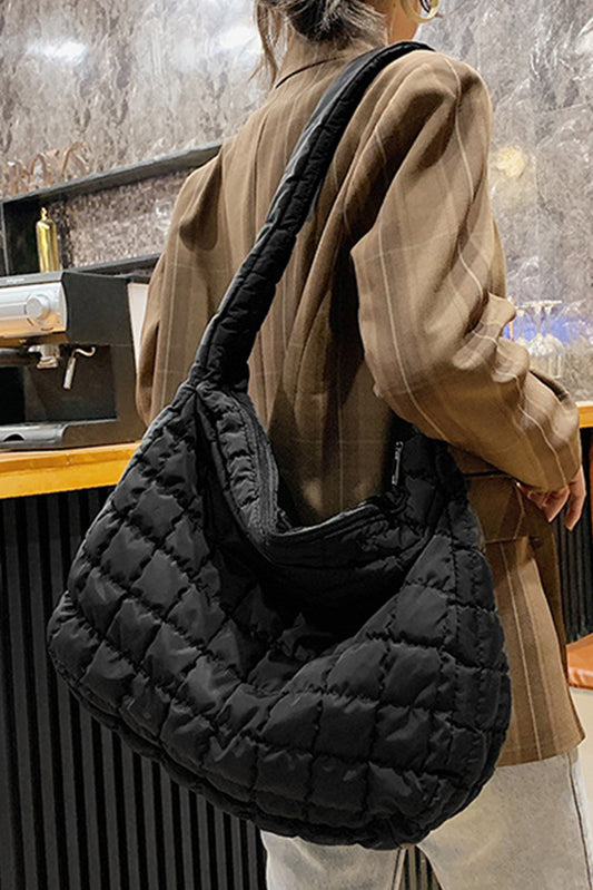 Large Black Quilted Zipper Shoulder Bag – Elegant and Spacious - Shopping Therapy, LLC Shoulder Bags