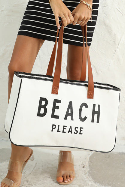 White BEACH PLEASE Print Large Canvas Tote Bag - Shopping Therapy, LLC Shoes & Bags/Handbags
