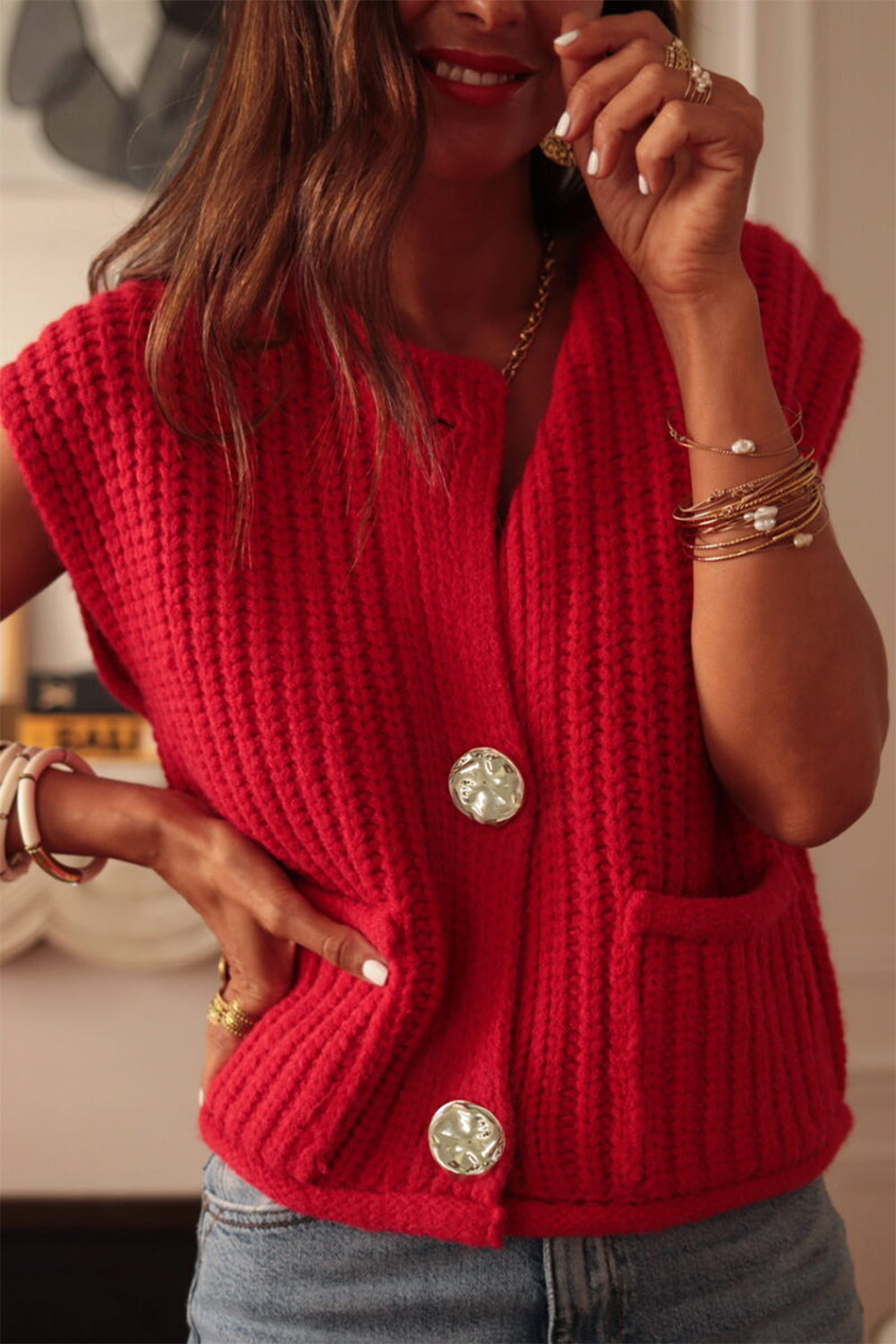 Fiery Red Textured Knit Sweater Vest with Side Pockets & Button Front - Shopping Therapy, LLC Sweaters & Cardigans/Sweater Vests