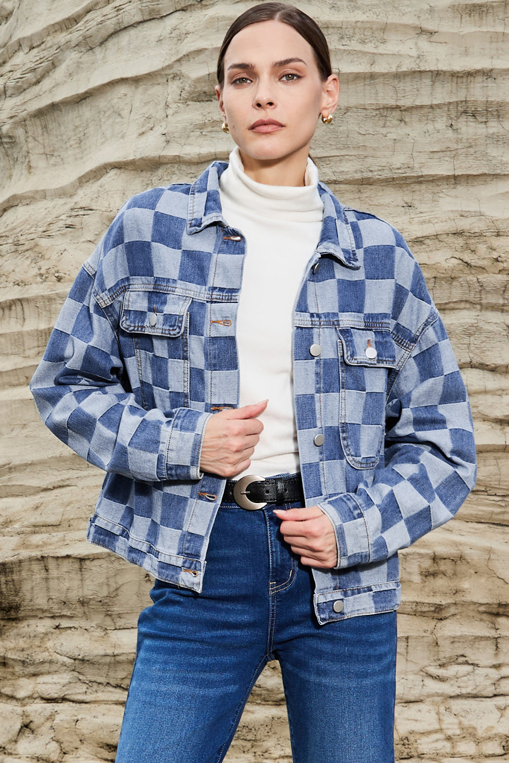 Light Blue Checkered Patchwork Button-Up Denim Jacket for Women - Shopping Therapy, LLC Outerwear/Denim jackets