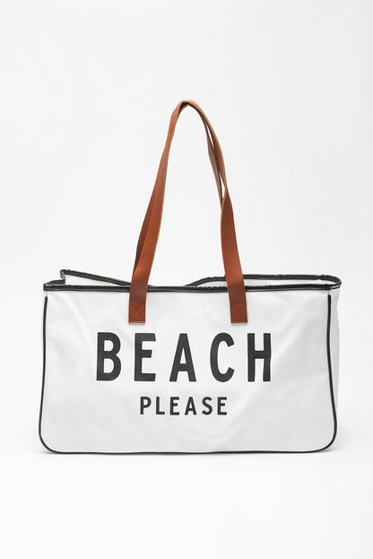White BEACH PLEASE Print Large Canvas Tote Bag - Shopping Therapy, LLC Shoes & Bags/Handbags
