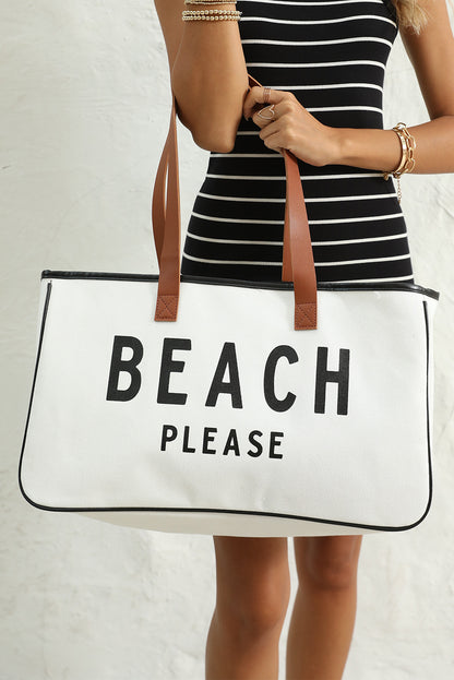 White BEACH PLEASE Print Large Canvas Tote Bag - Shopping Therapy, LLC Shoes & Bags/Handbags