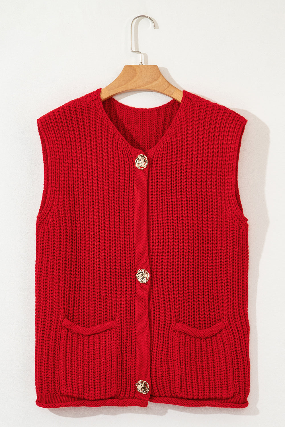 Fiery Red Textured Knit Sweater Vest with Side Pockets & Button Front - Shopping Therapy, LLC Sweaters & Cardigans/Sweater Vests