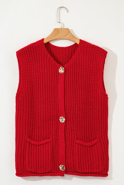 Fiery Red Textured Knit Sweater Vest with Side Pockets & Button Front - Shopping Therapy, LLC Sweaters & Cardigans/Sweater Vests