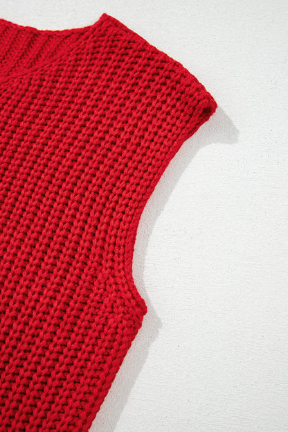 Fiery Red Textured Knit Sweater Vest with Side Pockets & Button Front - Shopping Therapy, LLC Sweaters & Cardigans/Sweater Vests