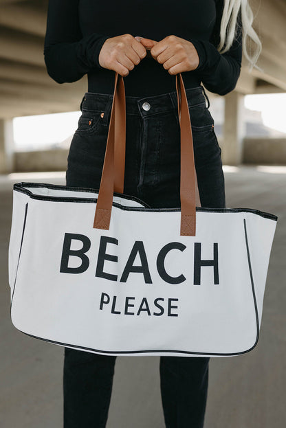 White BEACH PLEASE Print Large Canvas Tote Bag - Shopping Therapy, LLC Shoes & Bags/Handbags