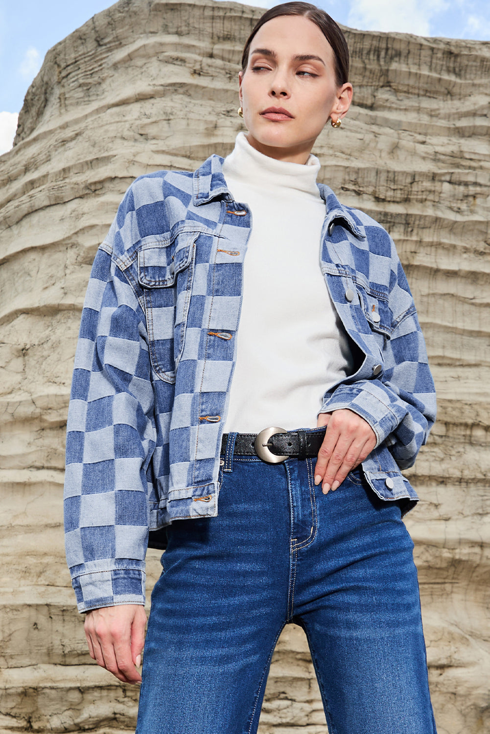 Light Blue Checkered Patchwork Button-Up Denim Jacket for Women - Shopping Therapy, LLC Outerwear/Denim jackets