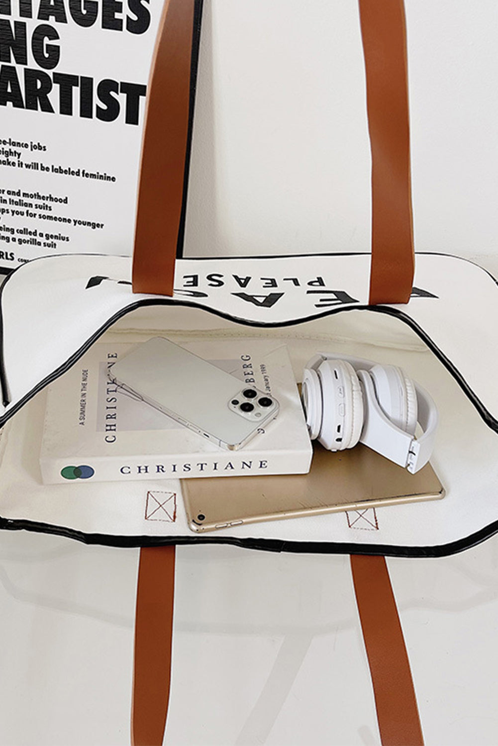 White BEACH PLEASE Print Large Canvas Tote Bag - Shopping Therapy, LLC Shoes & Bags/Handbags