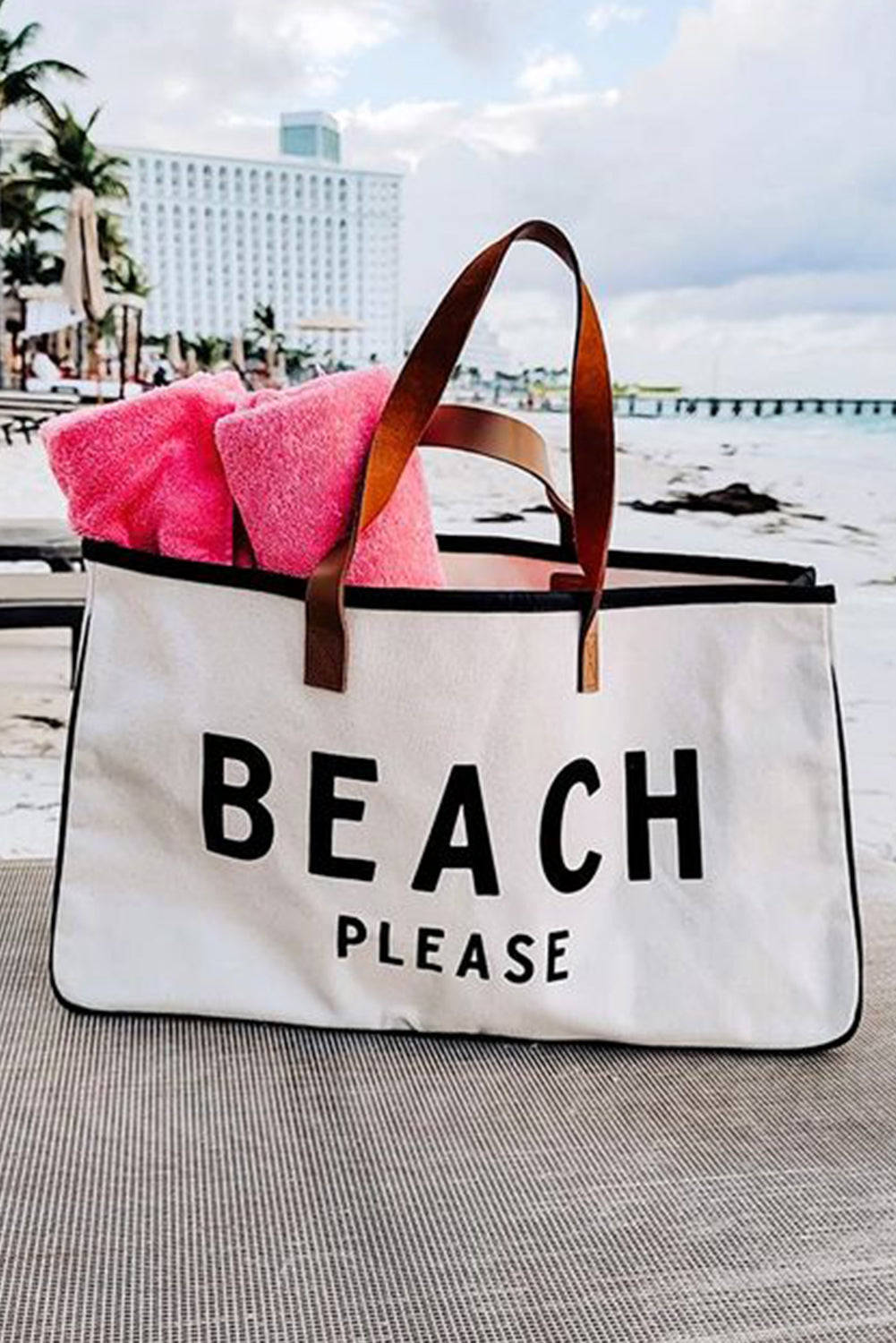White BEACH PLEASE Print Large Canvas Tote Bag - Shopping Therapy, LLC Shoes & Bags/Handbags
