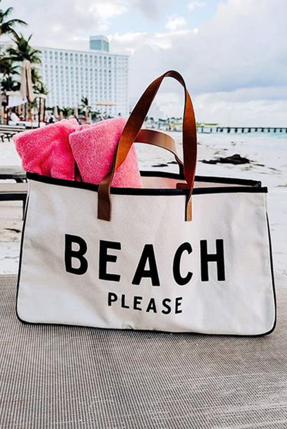 White BEACH PLEASE Print Large Canvas Tote Bag - Shopping Therapy, LLC Shoes & Bags/Handbags