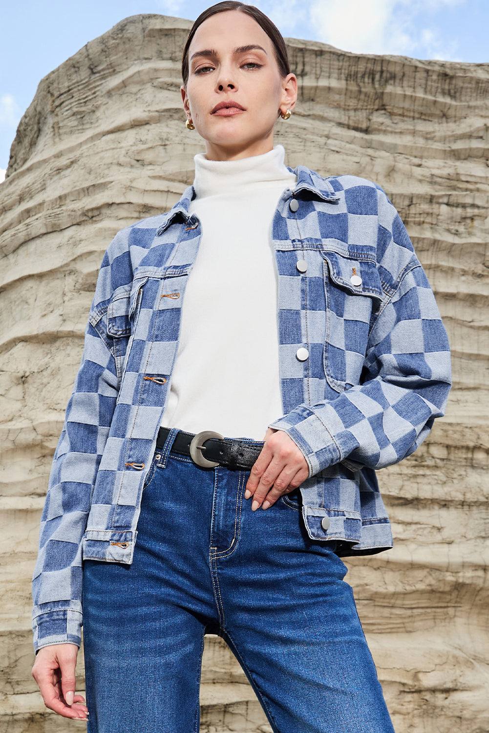 Light Blue Checkered Patchwork Button-Up Denim Jacket for Women - Shopping Therapy, LLC Outerwear/Denim jackets