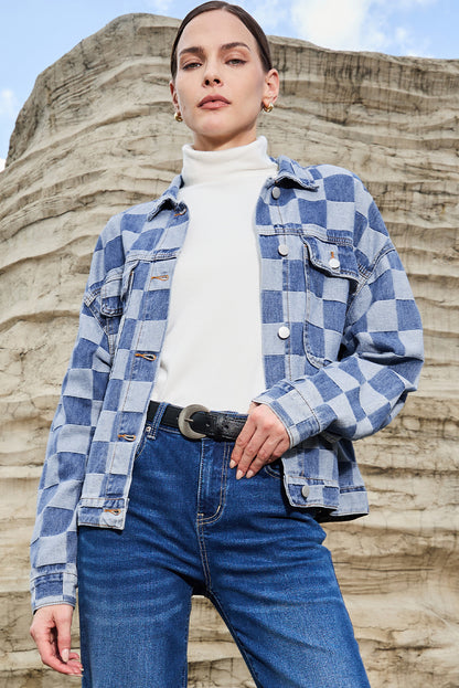 Light Blue Checkered Patchwork Button-Up Denim Jacket for Women - Shopping Therapy, LLC Outerwear/Denim jackets