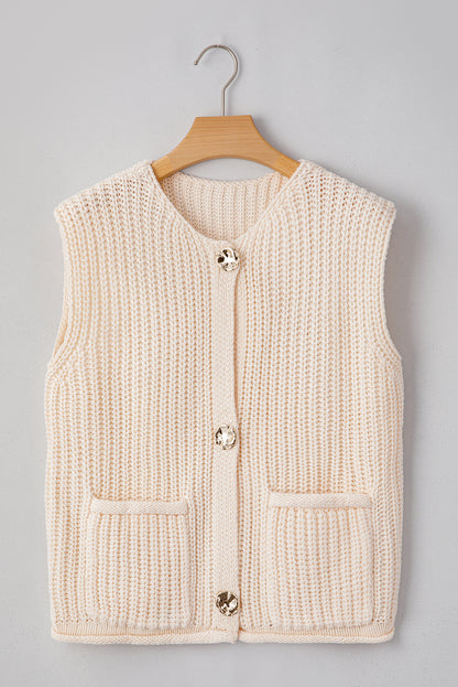 White Solid Textured Knit Sweater Vest With Side Pockets - Shopping Therapy, LLC Sweaters & Cardigans/Sweater Vests