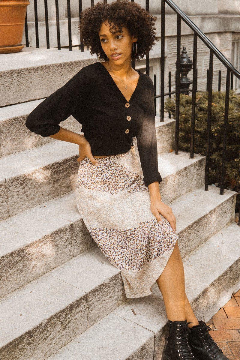 Taupe Floral Print Midi Skirt - Elegant A-Line Silhouette with Color-Blocked Design - Shopping Therapy, LLC 