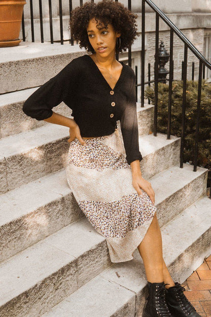 Taupe Floral Print Midi Skirt - Elegant A-Line Silhouette with Color-Blocked Design - Shopping Therapy, LLC 