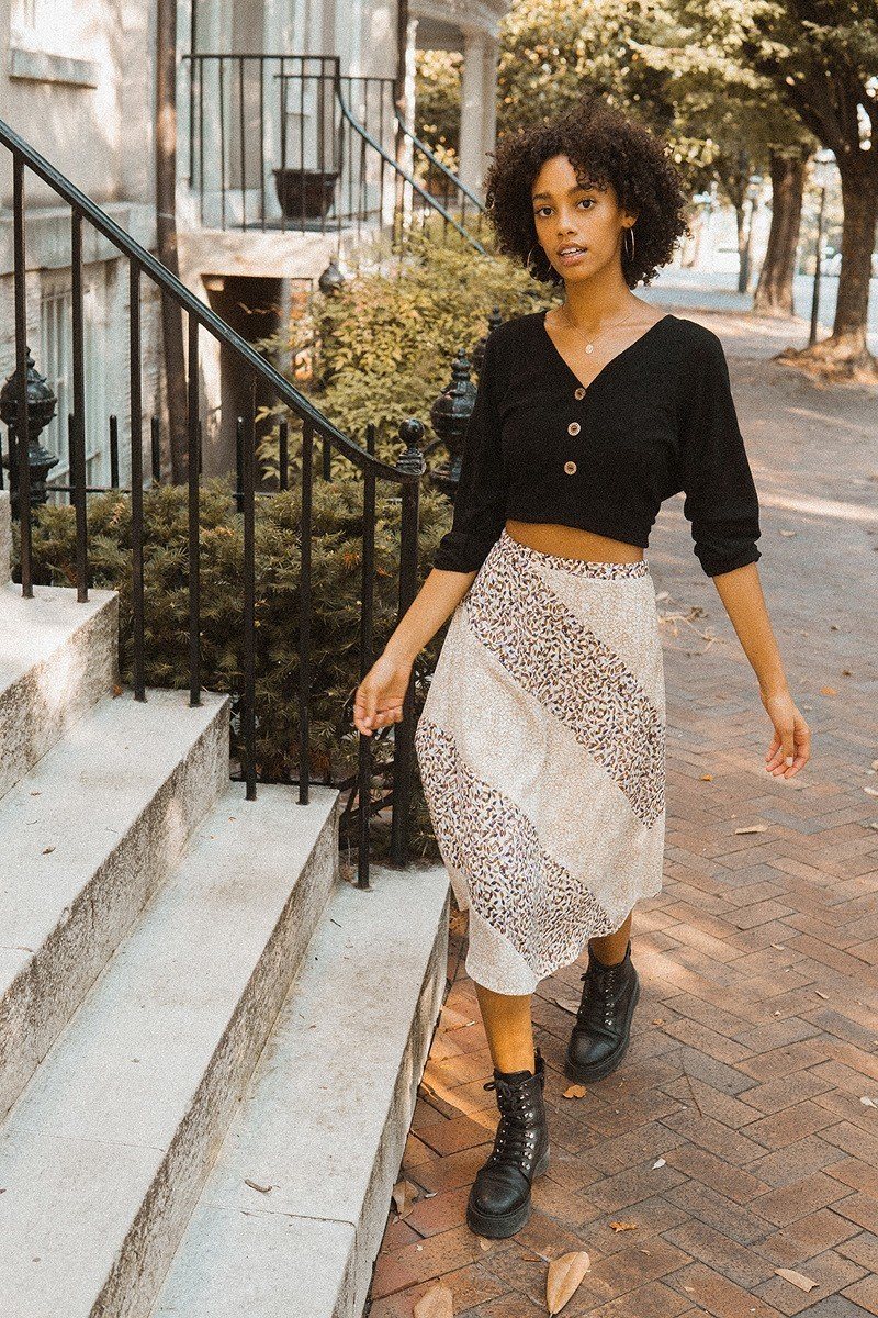 Taupe Floral Print Midi Skirt - Elegant A-Line Silhouette with Color-Blocked Design - Shopping Therapy, LLC 