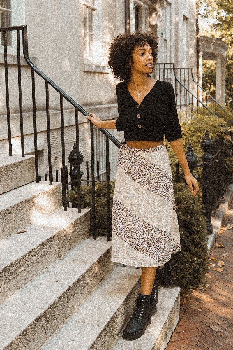 Taupe Floral Print Midi Skirt - Elegant A-Line Silhouette with Color-Blocked Design - Shopping Therapy, LLC 