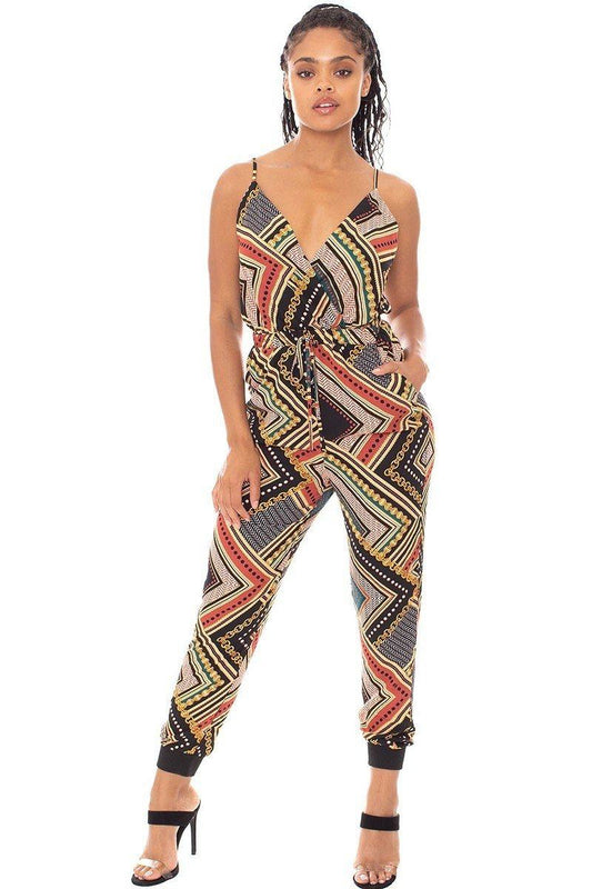 Multi-Color Spaghetti Strap Print Wrap Drawstring Jumpsuit - Shopping Therapy, LLC jumpsuit