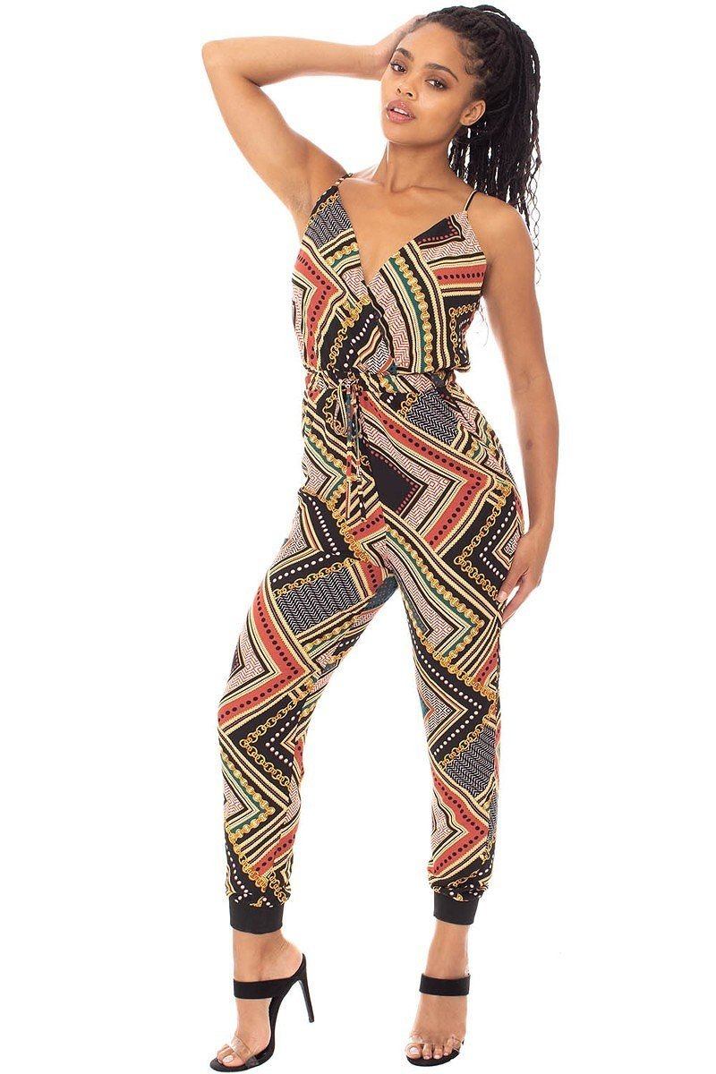 Multi-Color Spaghetti Strap Print Wrap Drawstring Jumpsuit