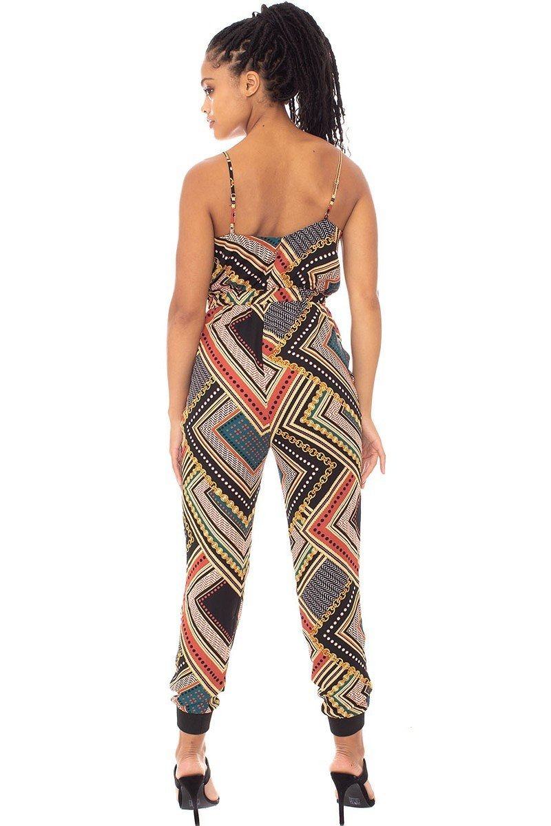 Multi-Color Spaghetti Strap Print Wrap Drawstring Jumpsuit