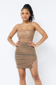Nude Spaghetti Strap Mesh Mini Dress With PU Leather Bustier