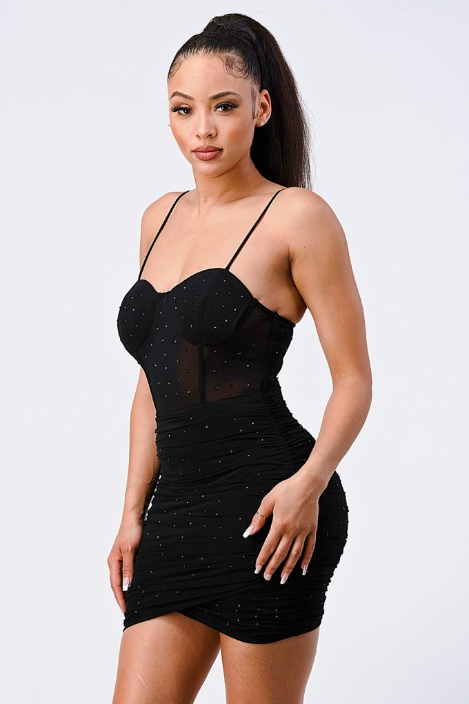Black Spaghetti Strap Mesh Glitter Cami Mini Dress - Shopping Therapy, LLC 