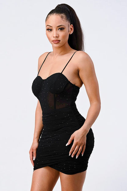 Black Spaghetti Strap Mesh Glitter Cami Mini Dress - Shopping Therapy, LLC 