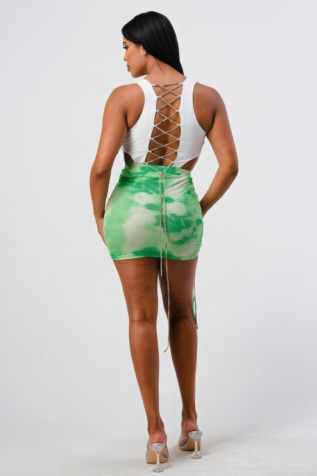 Green Mini Shirt With Detachable Rhinestone Cross Back Top