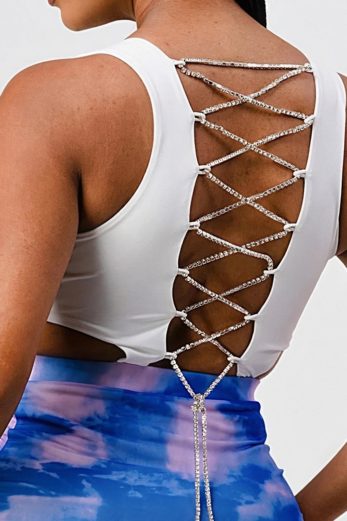 Blue Mini Skirt With Detachable Rhinestone Cross-Back Top