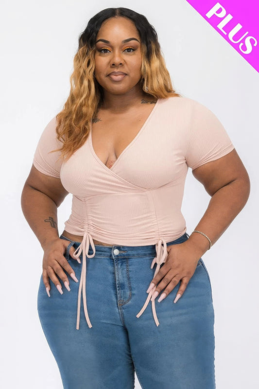 Plus Size Ruched Surplice Top In Feminine Blush - Shopping Therapy, LLC Tops