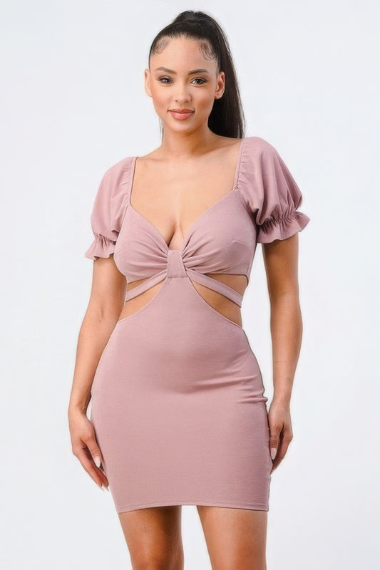 Mauve Back-Tie Ruffle Sleeve Cutout Bodycon Dress - Shopping Therapy, LLC Dress