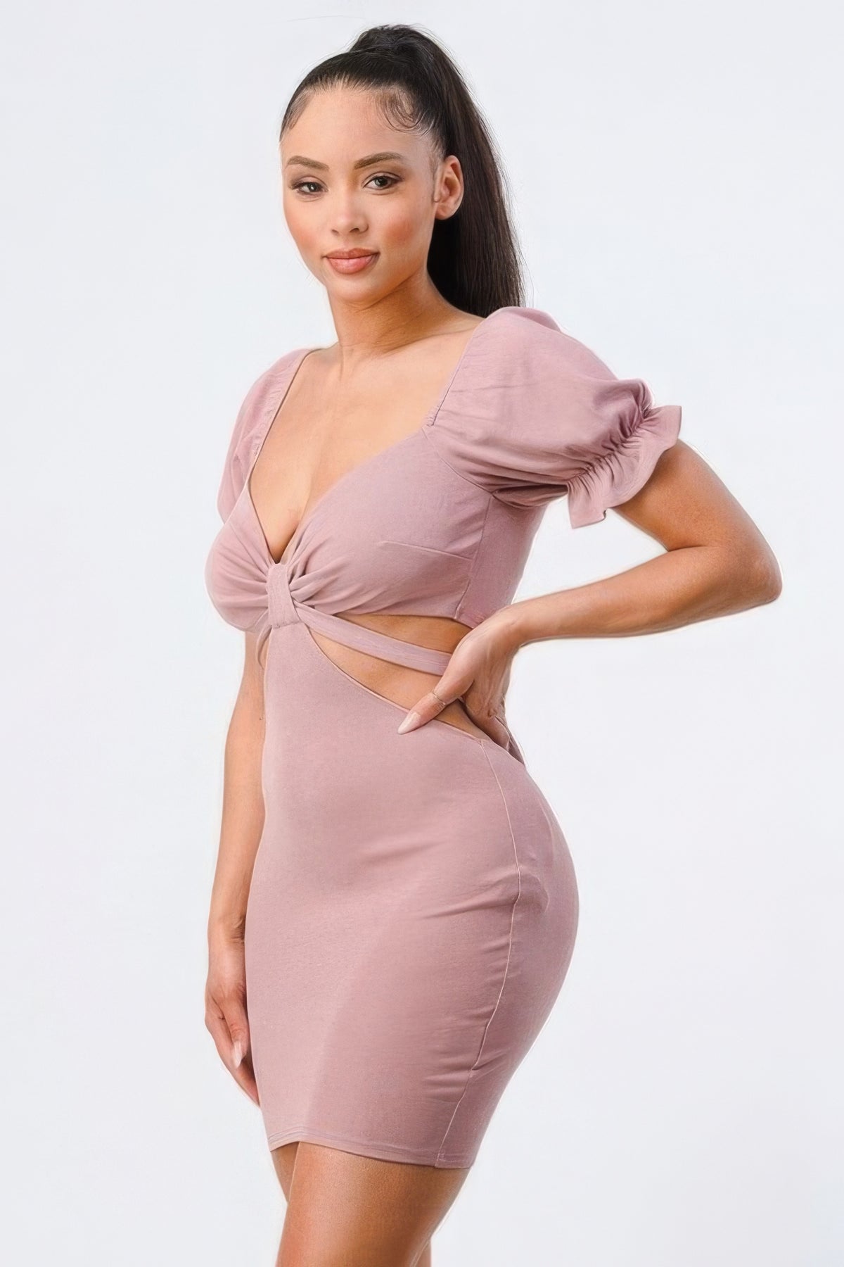 Mauve Back-Tie Ruffle Sleeve Cutout Bodycon Dress - Shopping Therapy, LLC Dress