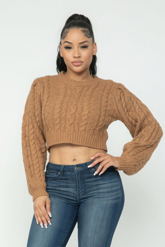 Mocha Cable Pullover Long Sleeve Sweater - Shopping Therapy, LLC 