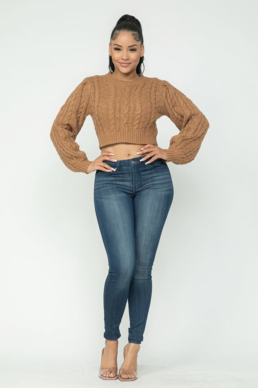 Mocha Cable Pullover Long Sleeve Sweater - Shopping Therapy, LLC 
