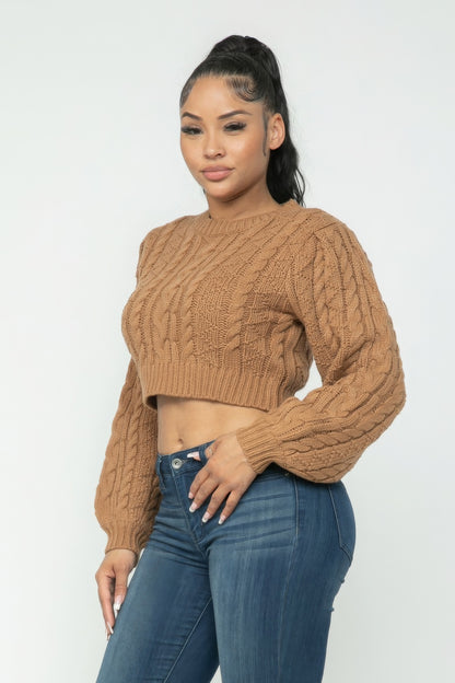Mocha Cable Pullover Long Sleeve Sweater - Shopping Therapy, LLC 