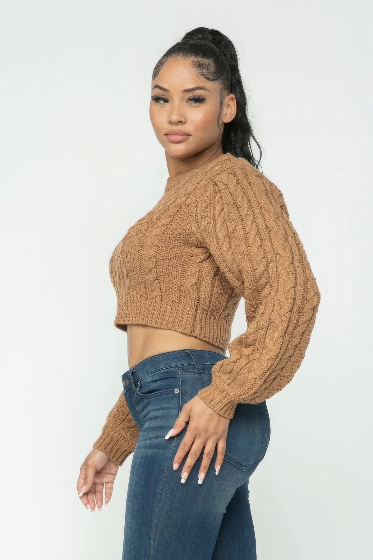Mocha Cable Pullover Long Sleeve Sweater - Shopping Therapy, LLC 