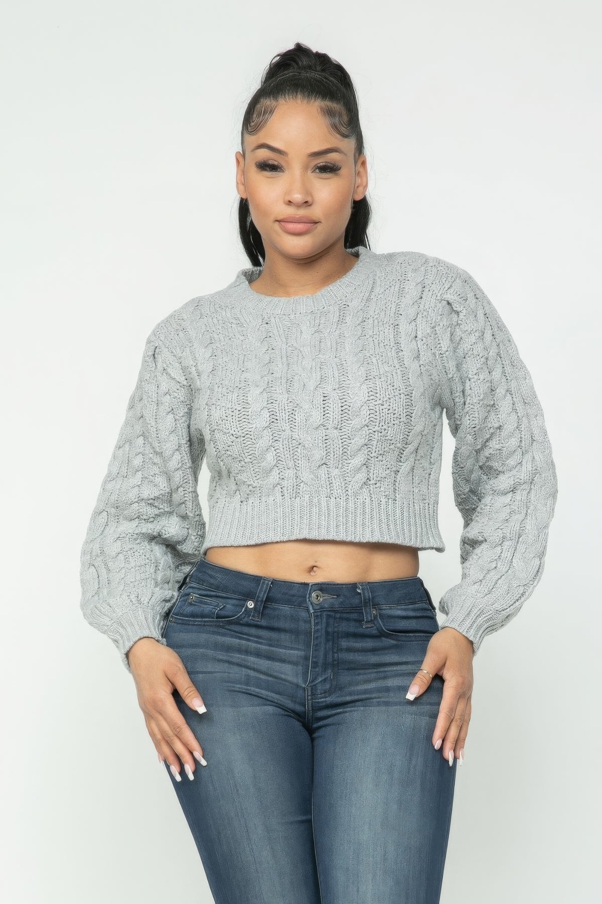 Heather Gray Cable Pullover Long Sleeve Sweater - Shopping Therapy, LLC Sweater