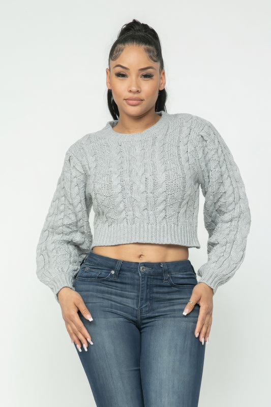 Heather Gray Cable Pullover Long Sleeve Sweater - Shopping Therapy, LLC Sweater