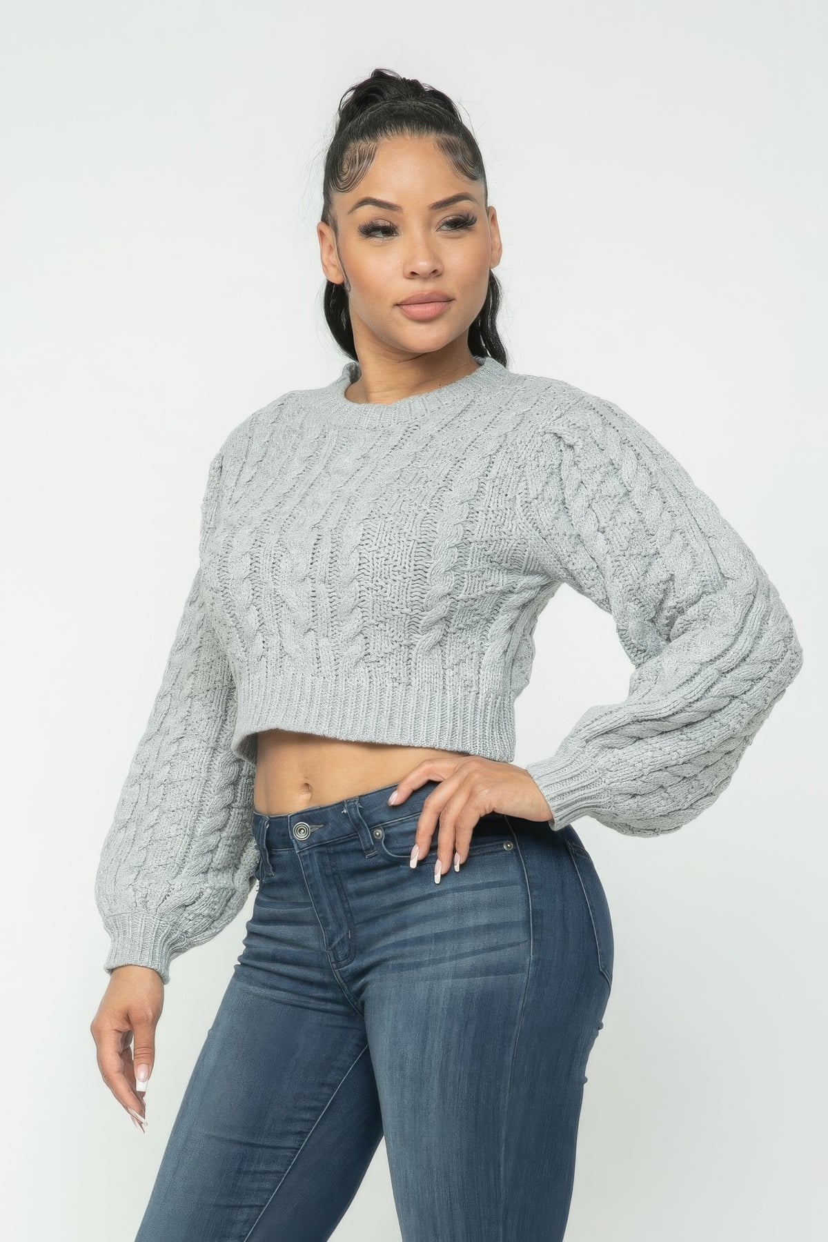 Heather Gray Cable Pullover Long Sleeve Sweater
