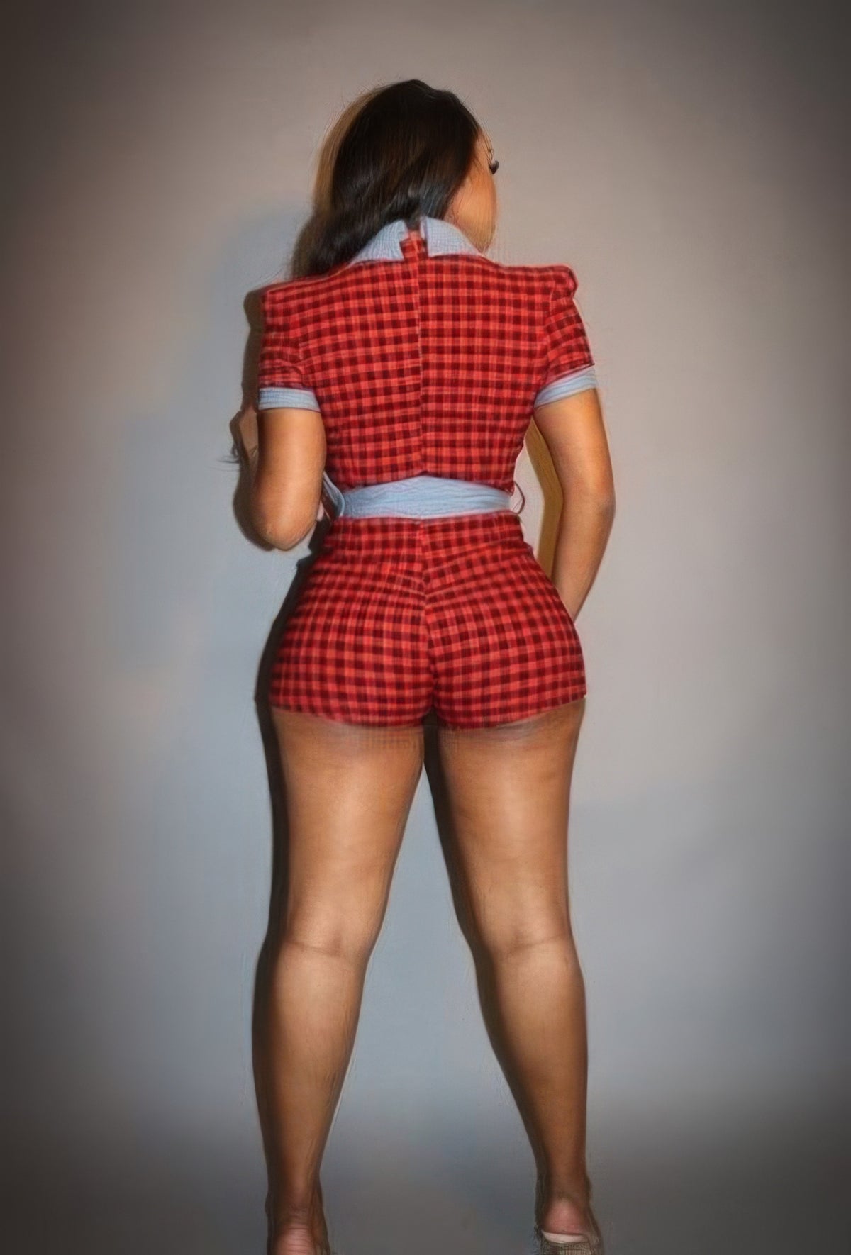 Red Wine Plaid Print Denim Romper - Stylish & Comfortable - Shopping Therapy, LLC rompers