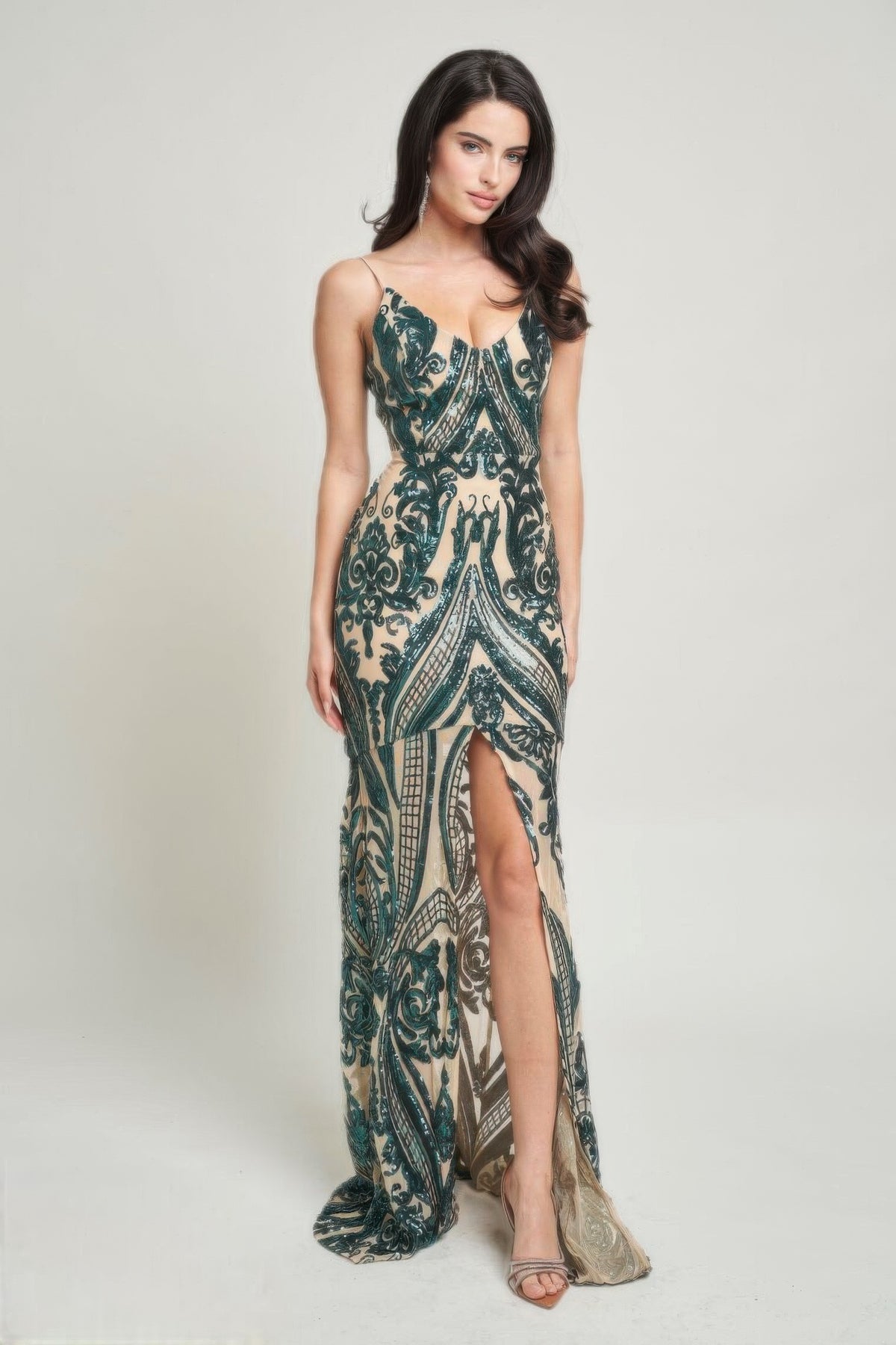 Exquisite Hunter Green Sequin Spaghetti Strap Maxi Dress – Elegant Evening Gown