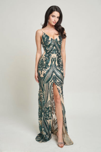 Exquisite Hunter Green Sequin Spaghetti Strap Maxi Dress – Elegant Evening Gown - Shopping Therapy, LLC Maxi Dresses