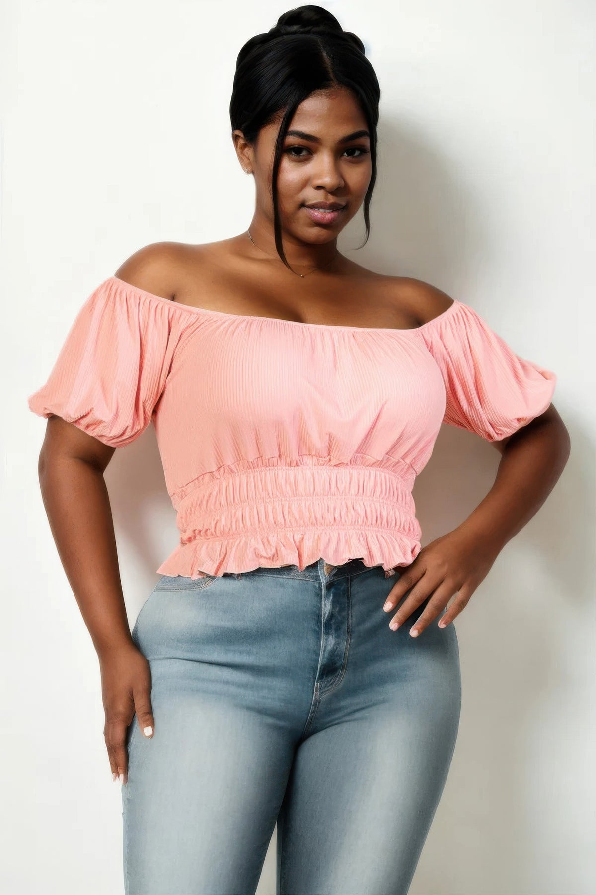 Blush Plus Size Ruched Puff Sleeve Ribbed Knit Top - Soft & Feminine Look